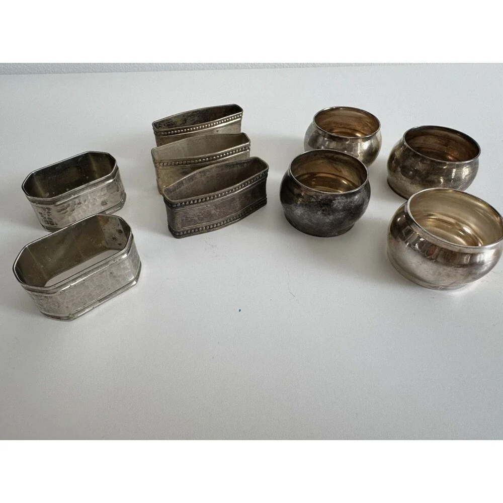 9 Vintage Polished Silver Stainless Steel Plate Napkin Rings Holders